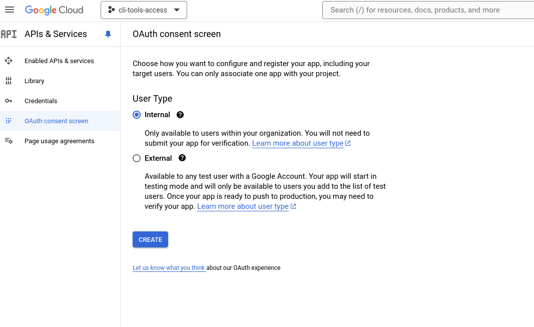 Choose Internal if you have a Google Workspace account